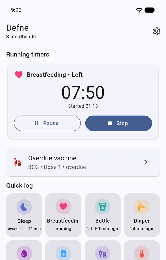 Agu Today screen: running breastfeeding timer, overdue vaccine alert and quick log buttons