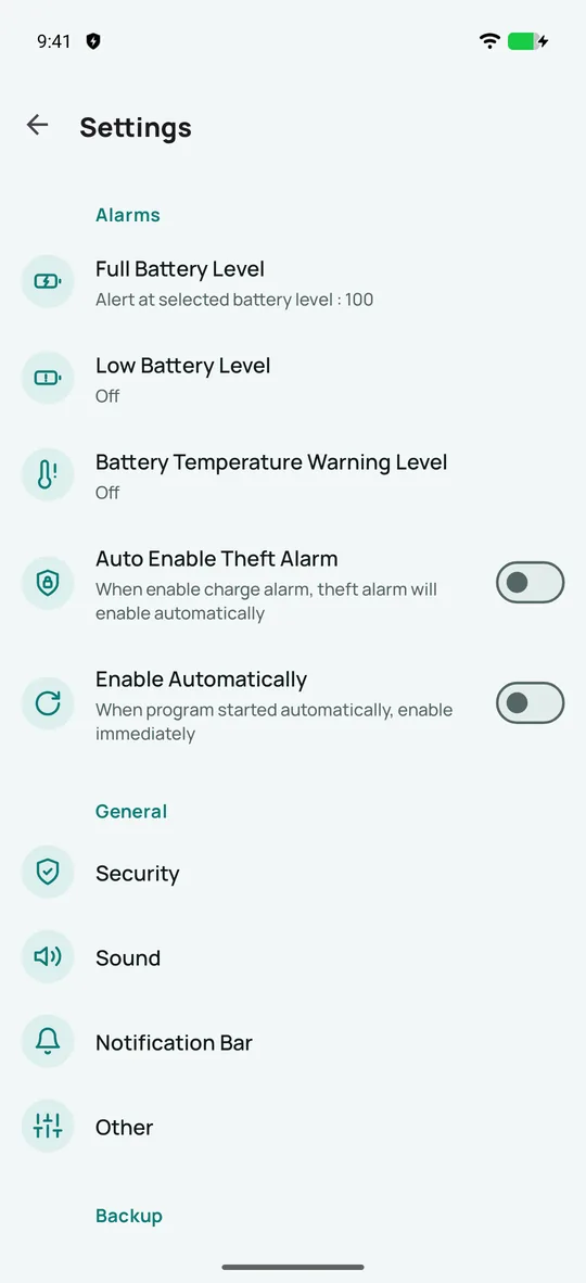 Settings for every alarm